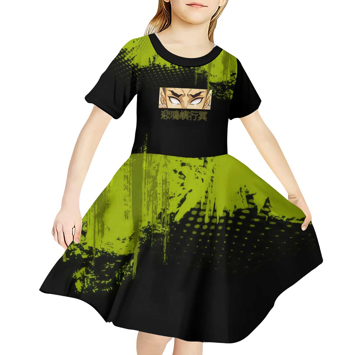 Gyomei Himejima Demon Slayer Bold Green Theme Kid Short Sleeve Dress with Prayer Pose and Intense Expression Design - The Mazicc