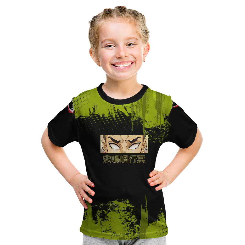Gyomei Himejima Demon Slayer Bold Green Theme Kid T Shirt with Prayer Pose and Intense Expression Design - The Mazicc