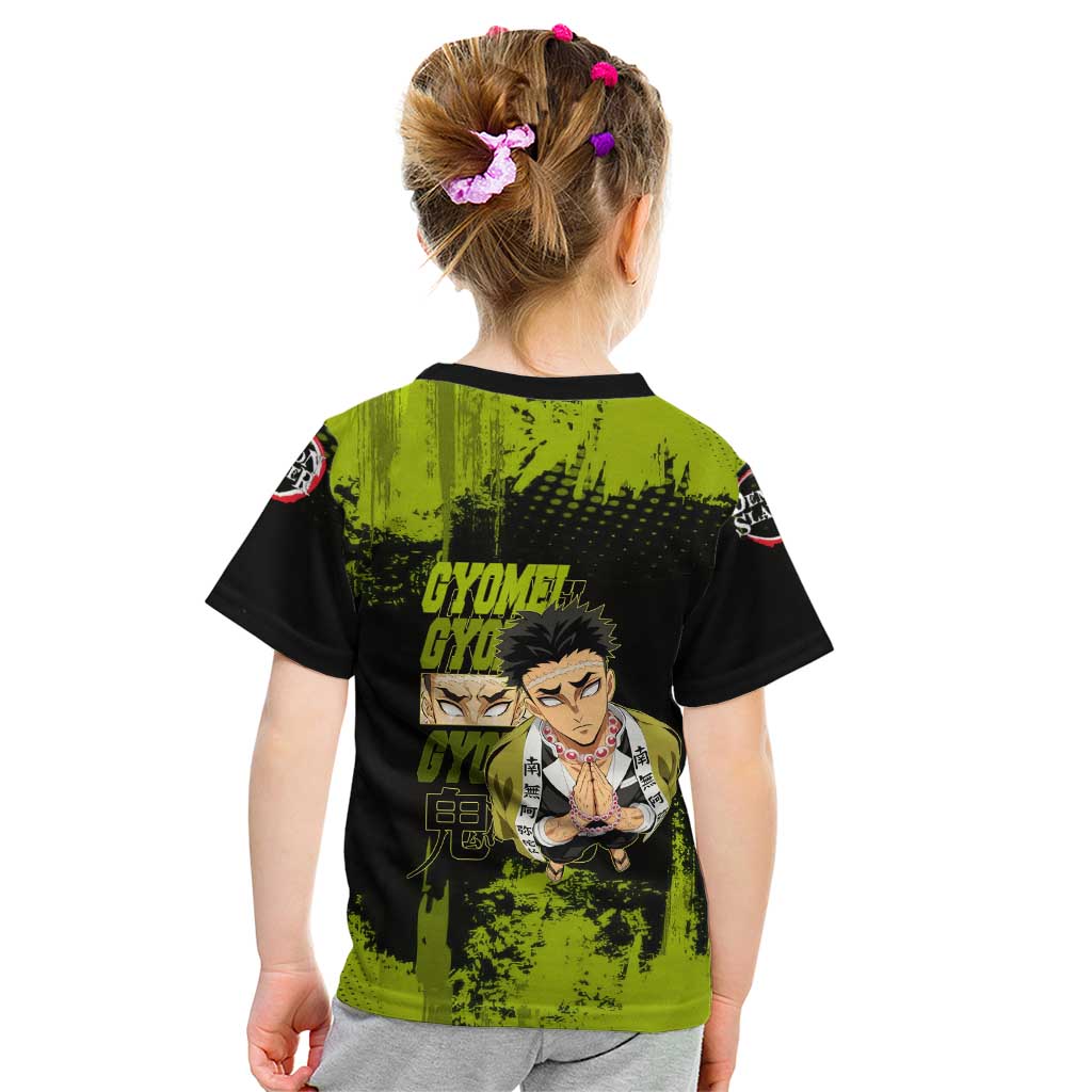 Gyomei Himejima Demon Slayer Bold Green Theme Kid T Shirt with Prayer Pose and Intense Expression Design - The Mazicc