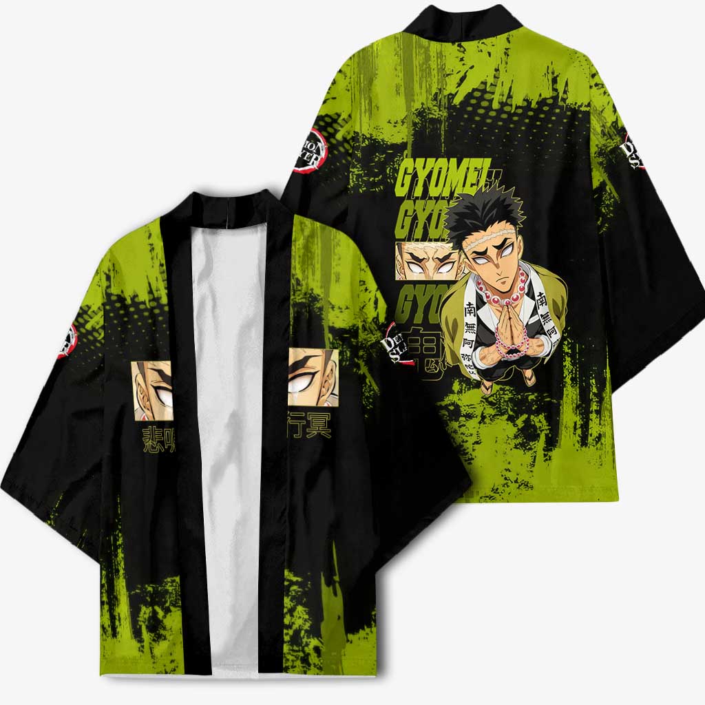 Gyomei Himejima Demon Slayer Bold Green Theme Kimono with Prayer Pose and Intense Expression Design - The Mazicc