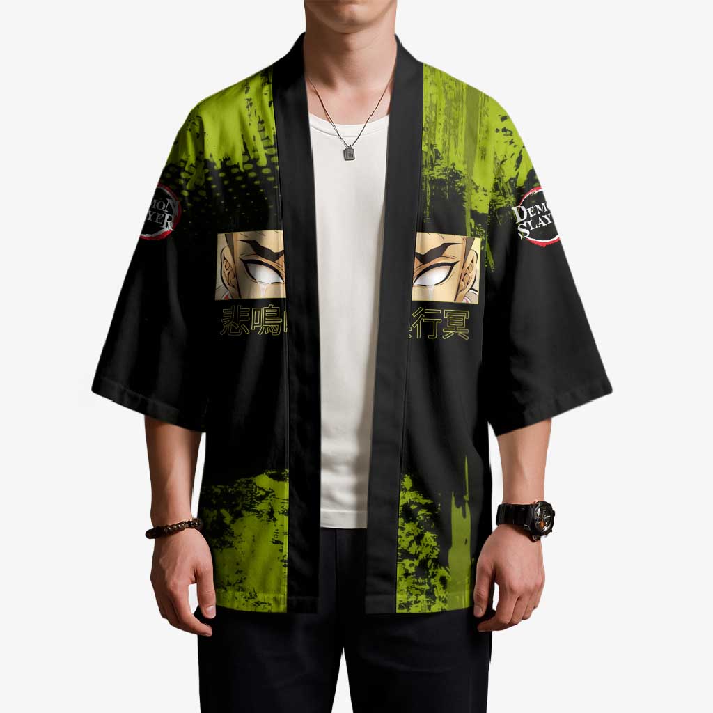 Gyomei Himejima Demon Slayer Bold Green Theme Kimono with Prayer Pose and Intense Expression Design - The Mazicc