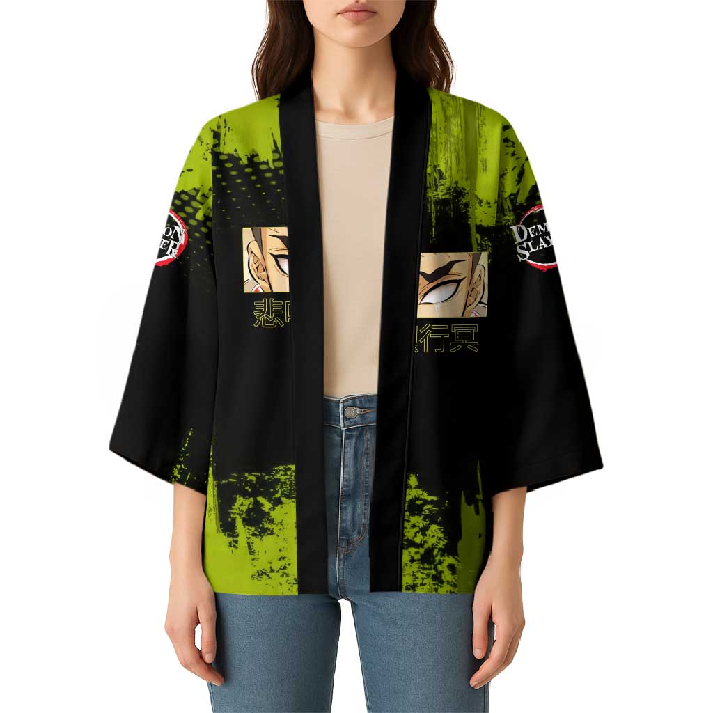 Gyomei Himejima Demon Slayer Bold Green Theme Kimono with Prayer Pose and Intense Expression Design - The Mazicc