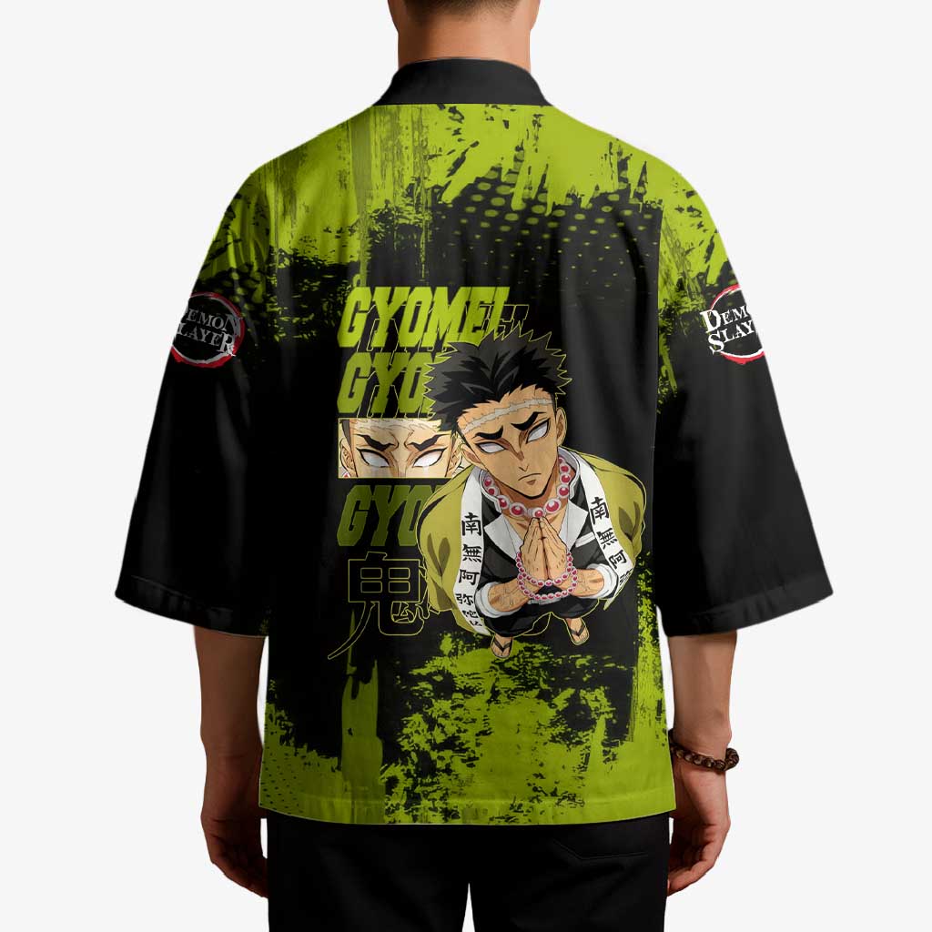 Gyomei Himejima Demon Slayer Bold Green Theme Kimono with Prayer Pose and Intense Expression Design - The Mazicc