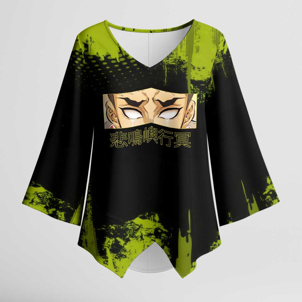 Gyomei Himejima Demon Slayer Bold Green Theme Kimono Sleeve Blouse with Prayer Pose and Intense Expression Design - The Mazicc