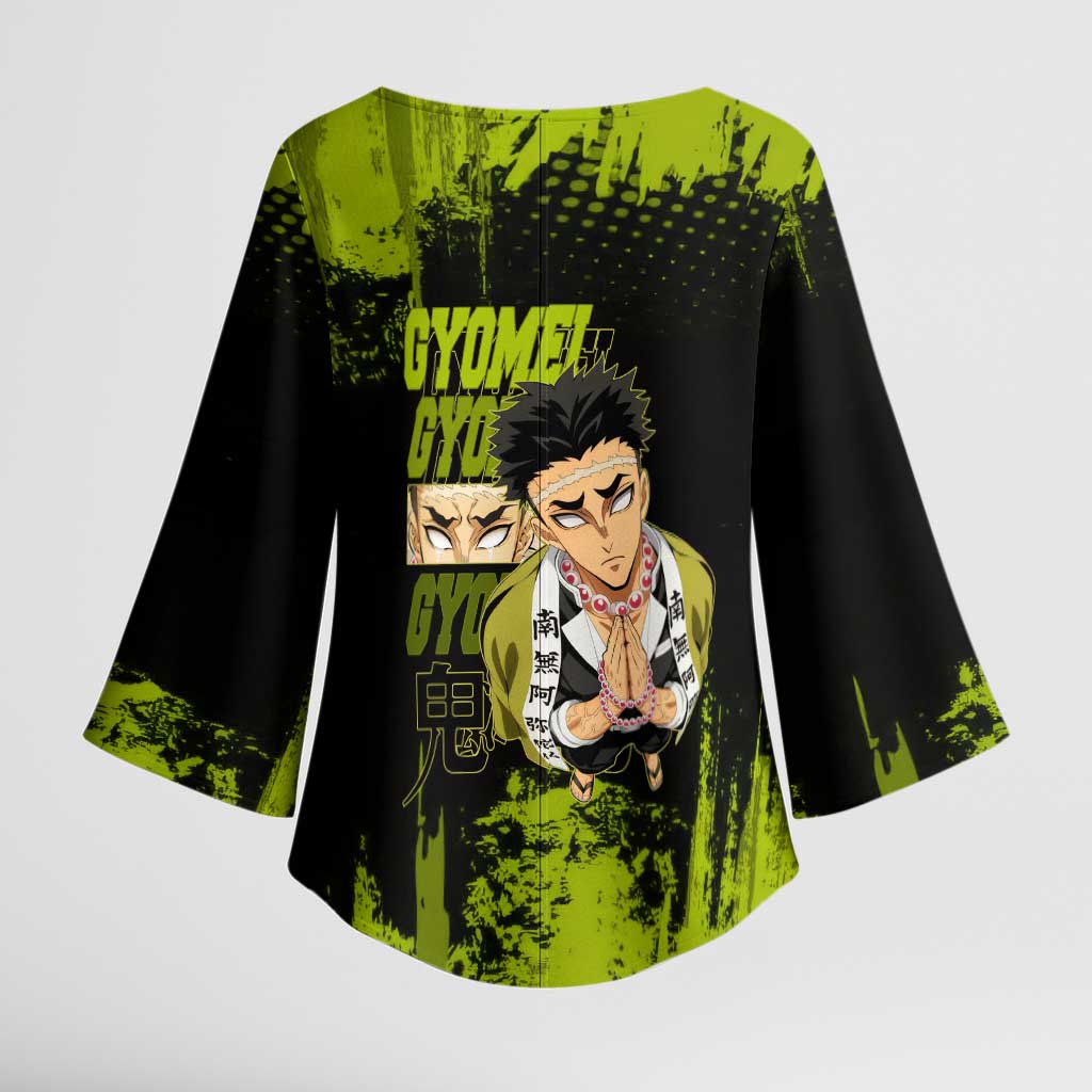Gyomei Himejima Demon Slayer Bold Green Theme Kimono Sleeve Blouse with Prayer Pose and Intense Expression Design - The Mazicc