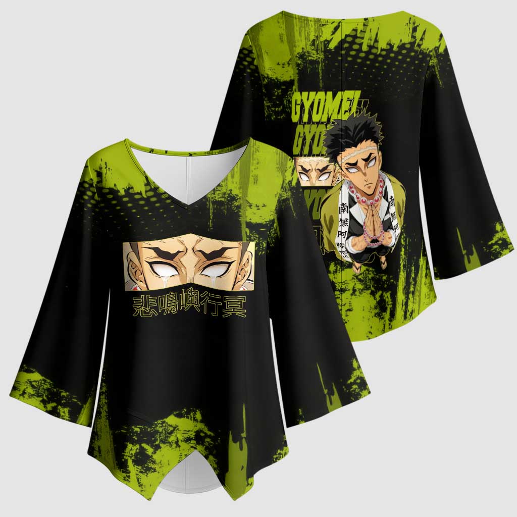 Gyomei Himejima Demon Slayer Bold Green Theme Kimono Sleeve Blouse with Prayer Pose and Intense Expression Design - The Mazicc
