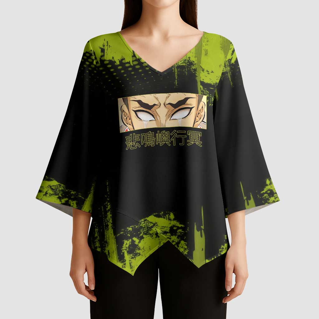 Gyomei Himejima Demon Slayer Bold Green Theme Kimono Sleeve Blouse with Prayer Pose and Intense Expression Design - The Mazicc