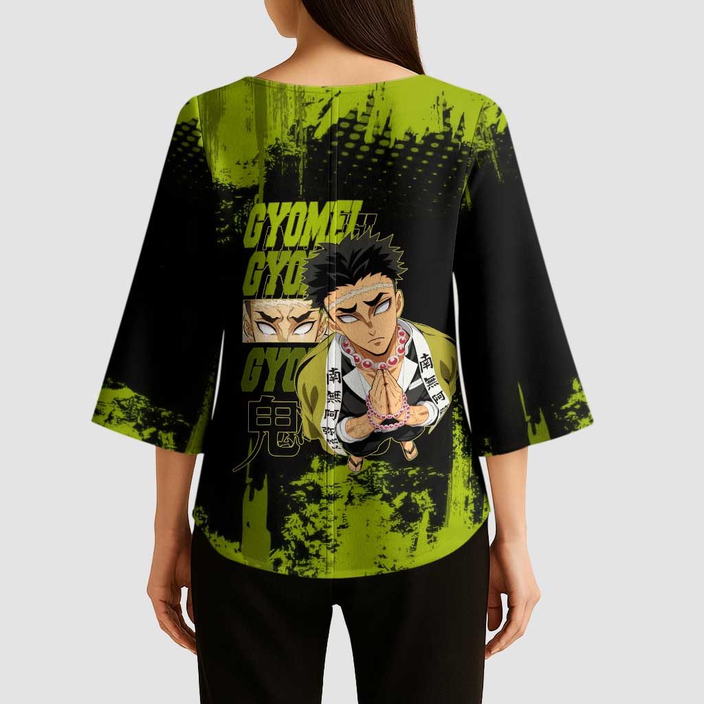 Gyomei Himejima Demon Slayer Bold Green Theme Kimono Sleeve Blouse with Prayer Pose and Intense Expression Design - The Mazicc