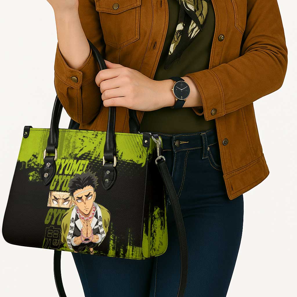 Gyomei Himejima Demon Slayer Bold Green Theme Leather Bag with Prayer Pose and Intense Expression Design - The Mazicc