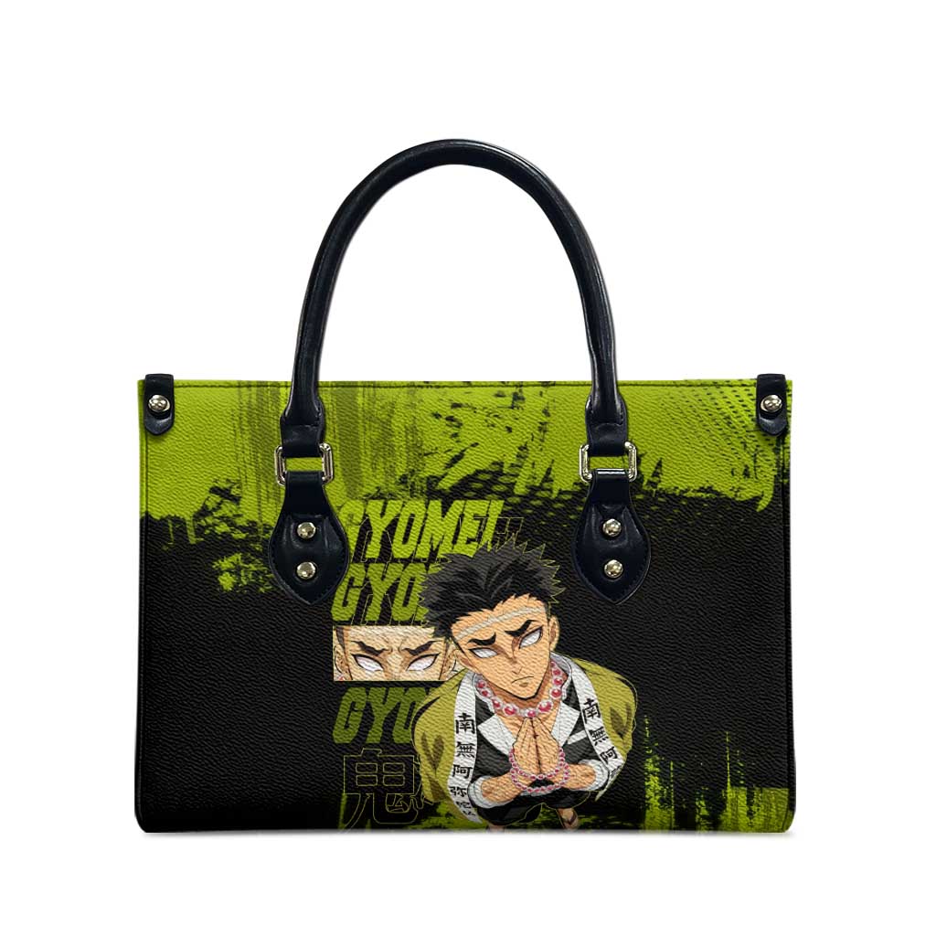 Gyomei Himejima Demon Slayer Bold Green Theme Leather Bag with Prayer Pose and Intense Expression Design - The Mazicc