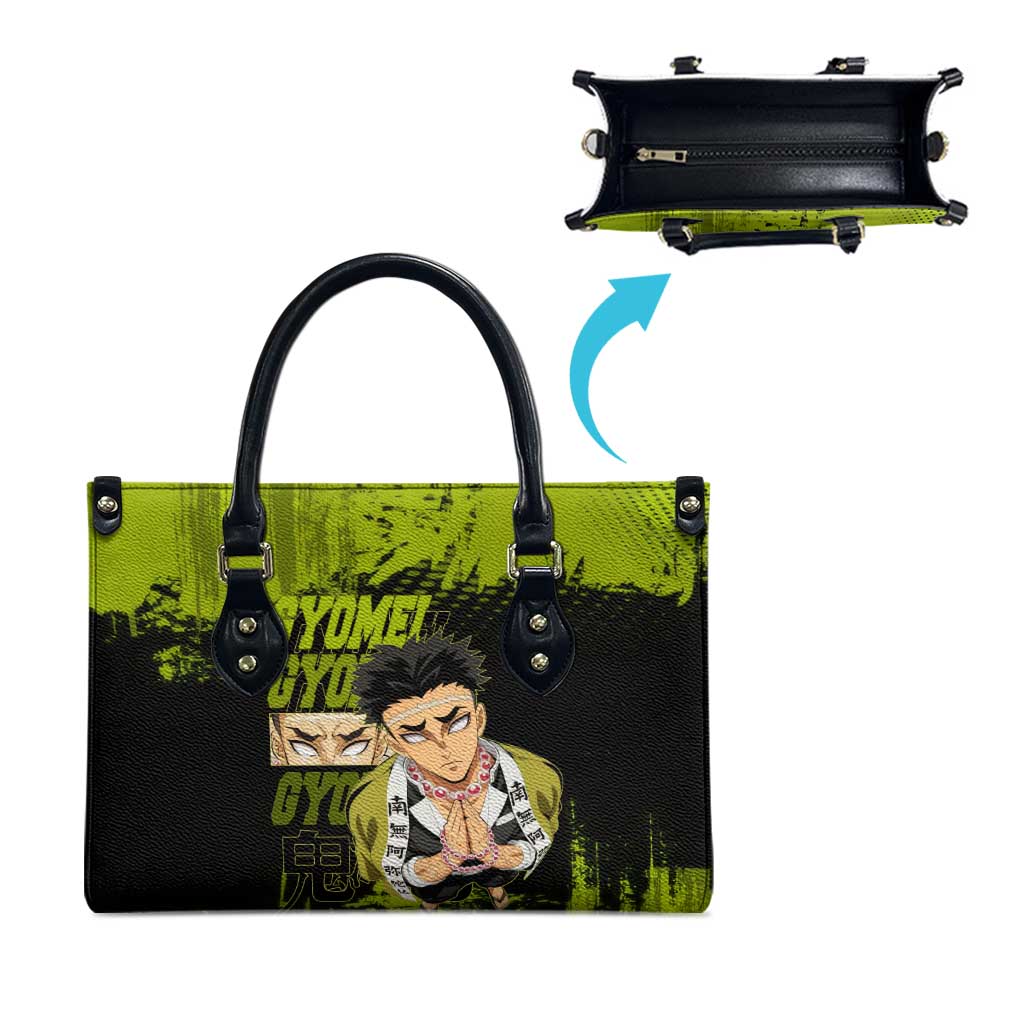 Gyomei Himejima Demon Slayer Bold Green Theme Leather Bag with Prayer Pose and Intense Expression Design - The Mazicc