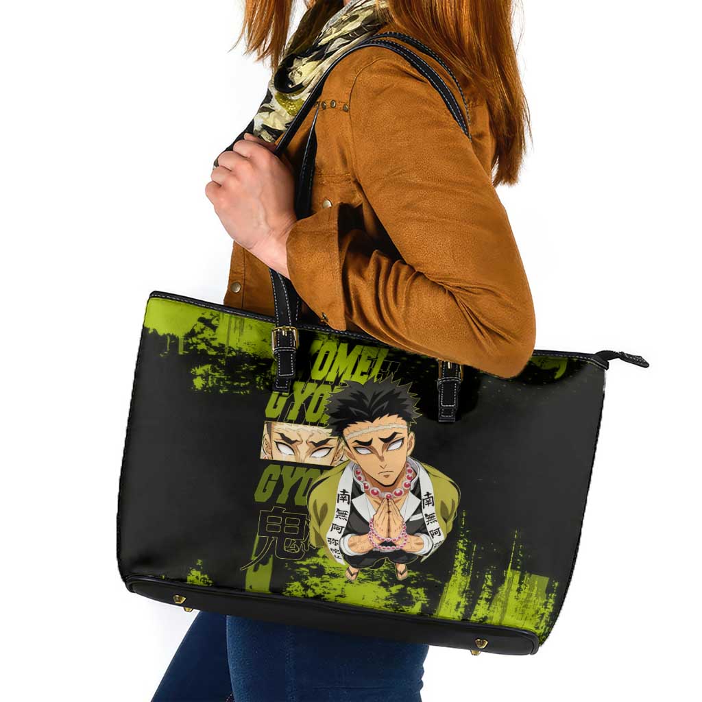 Gyomei Himejima Demon Slayer Bold Green Theme Leather Tote Bag with Prayer Pose and Intense Expression Design - The Mazicc