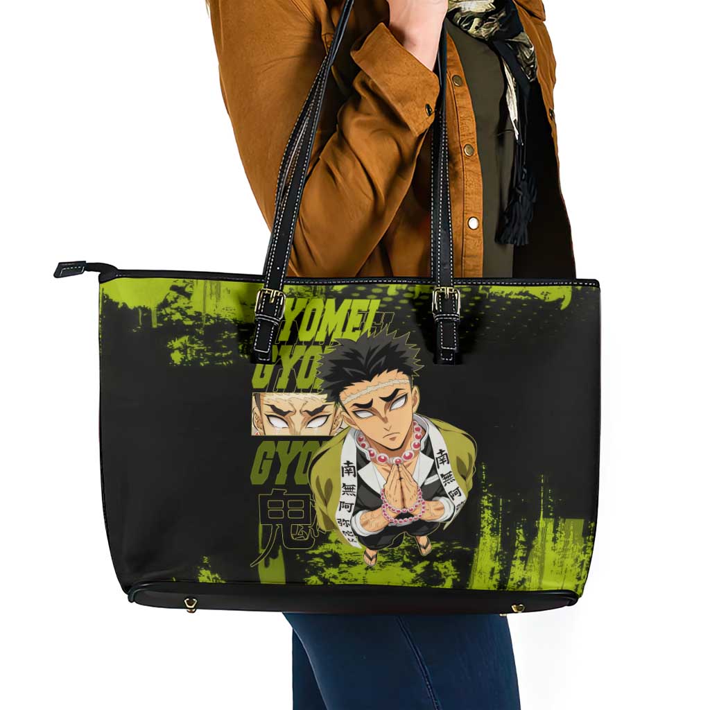 Gyomei Himejima Demon Slayer Bold Green Theme Leather Tote Bag with Prayer Pose and Intense Expression Design - The Mazicc