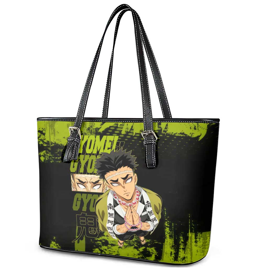 Gyomei Himejima Demon Slayer Bold Green Theme Leather Tote Bag with Prayer Pose and Intense Expression Design - The Mazicc