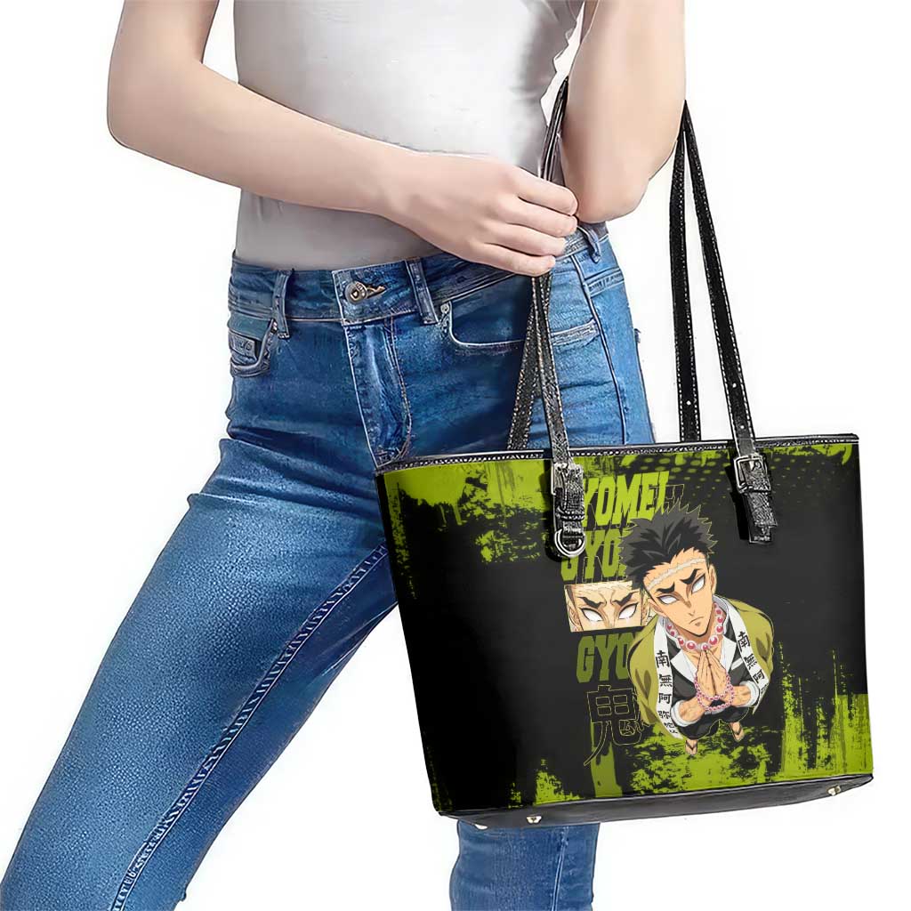 Gyomei Himejima Demon Slayer Bold Green Theme Leather Tote Bag with Prayer Pose and Intense Expression Design - The Mazicc