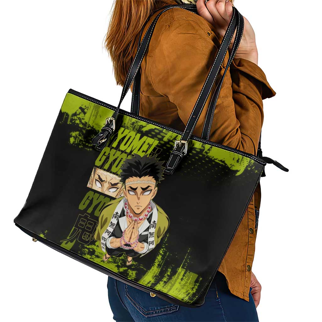 Gyomei Himejima Demon Slayer Bold Green Theme Leather Tote Bag with Prayer Pose and Intense Expression Design - The Mazicc