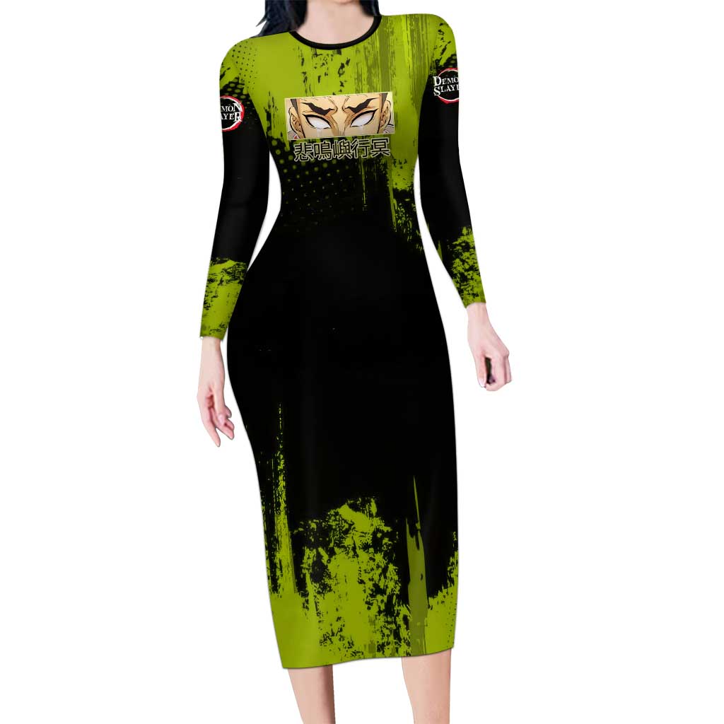 Gyomei Himejima Demon Slayer Bold Green Theme Long Sleeve Bodycon Dress with Prayer Pose and Intense Expression Design - The Mazicc