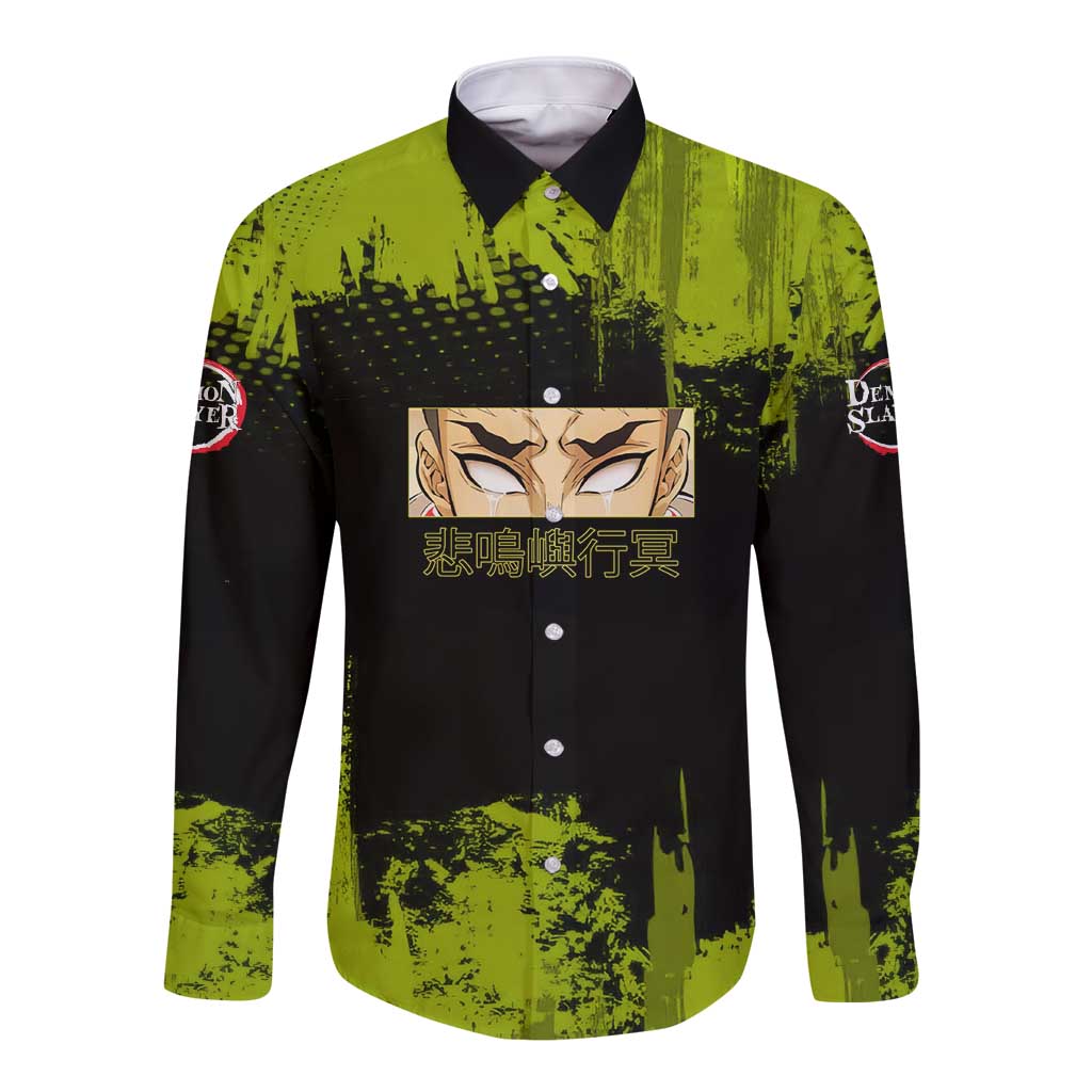 Gyomei Himejima Demon Slayer Bold Green Theme Long Sleeve Button Shirt with Prayer Pose and Intense Expression Design - The Mazicc