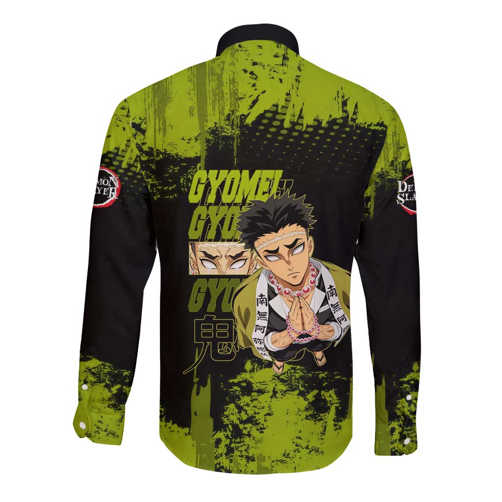 Gyomei Himejima Demon Slayer Bold Green Theme Long Sleeve Button Shirt with Prayer Pose and Intense Expression Design - The Mazicc