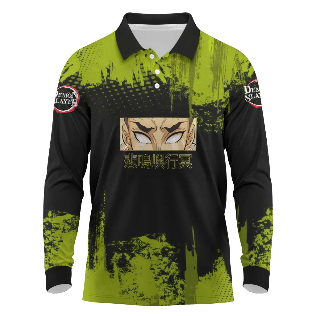 Gyomei Himejima Demon Slayer Bold Green Theme Long Sleeve Polo Shirt with Prayer Pose and Intense Expression Design - The Mazicc