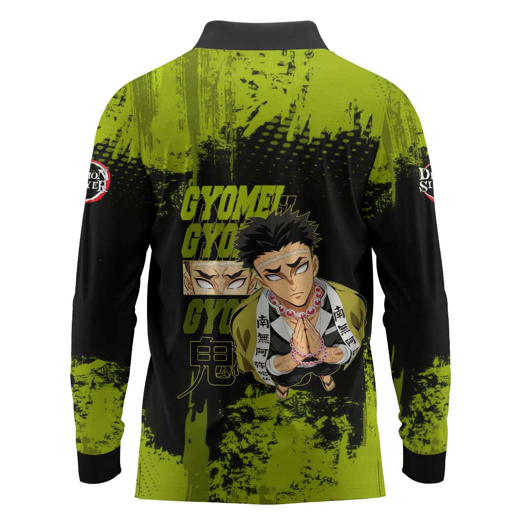 Gyomei Himejima Demon Slayer Bold Green Theme Long Sleeve Polo Shirt with Prayer Pose and Intense Expression Design - The Mazicc