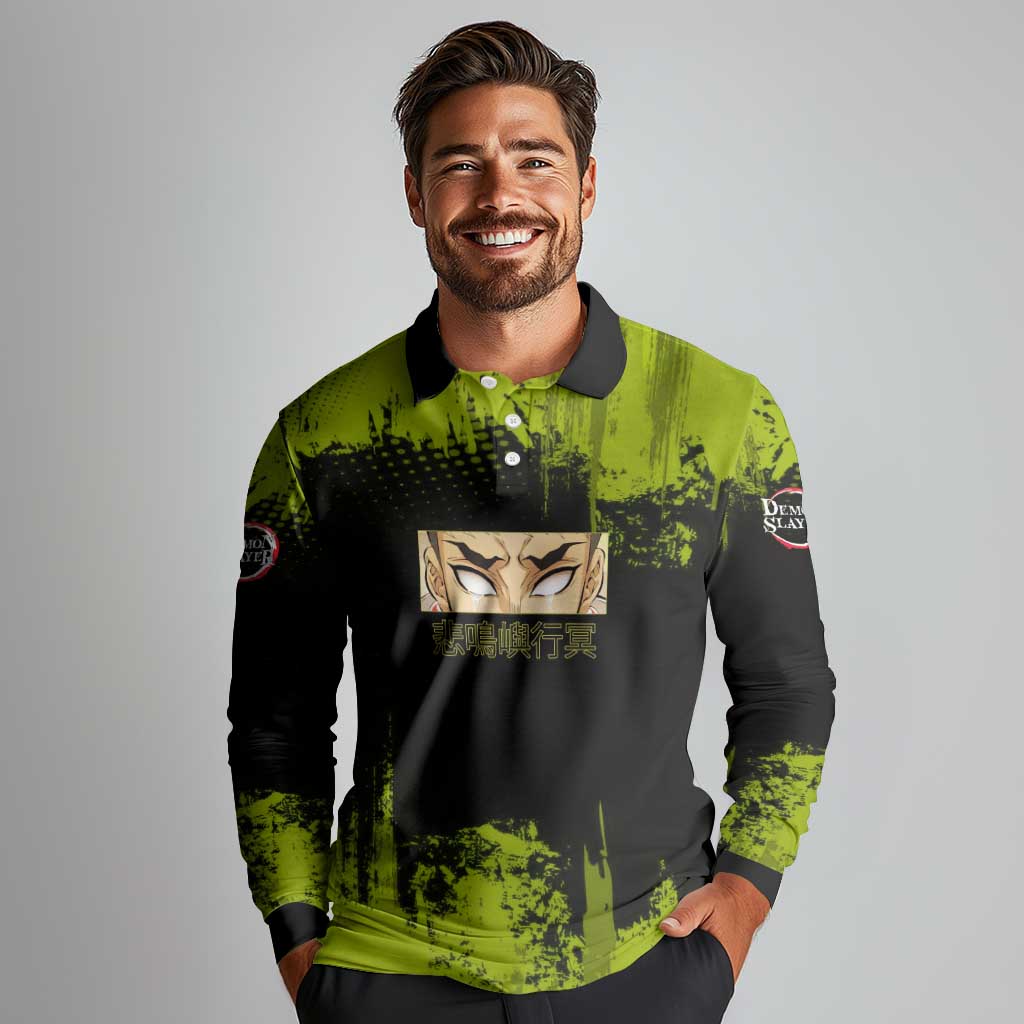 Gyomei Himejima Demon Slayer Bold Green Theme Long Sleeve Polo Shirt with Prayer Pose and Intense Expression Design - The Mazicc