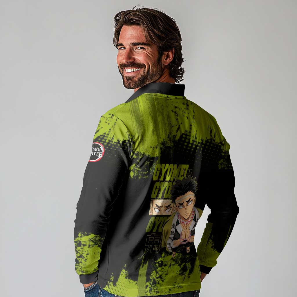Gyomei Himejima Demon Slayer Bold Green Theme Long Sleeve Polo Shirt with Prayer Pose and Intense Expression Design - The Mazicc