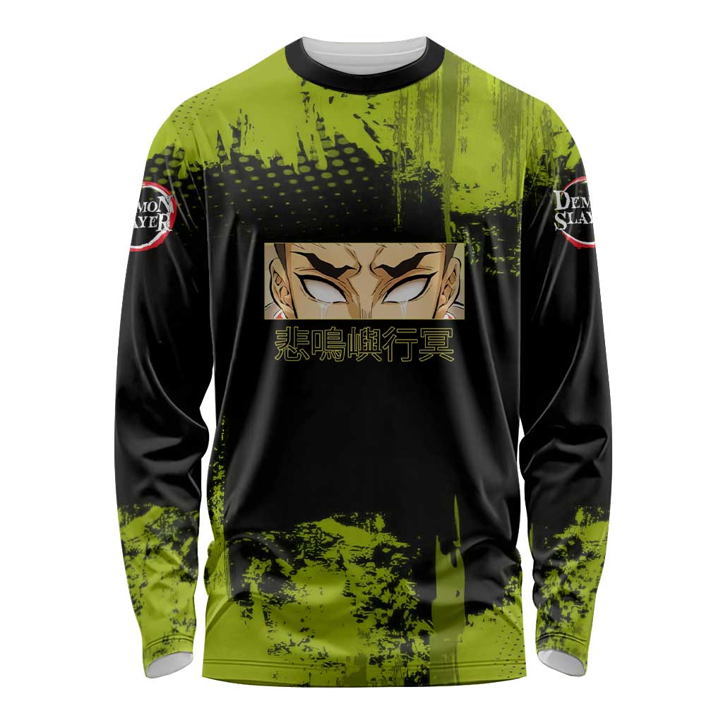 Gyomei Himejima Demon Slayer Bold Green Theme Long Sleeve Shirt with Prayer Pose and Intense Expression Design - The Mazicc
