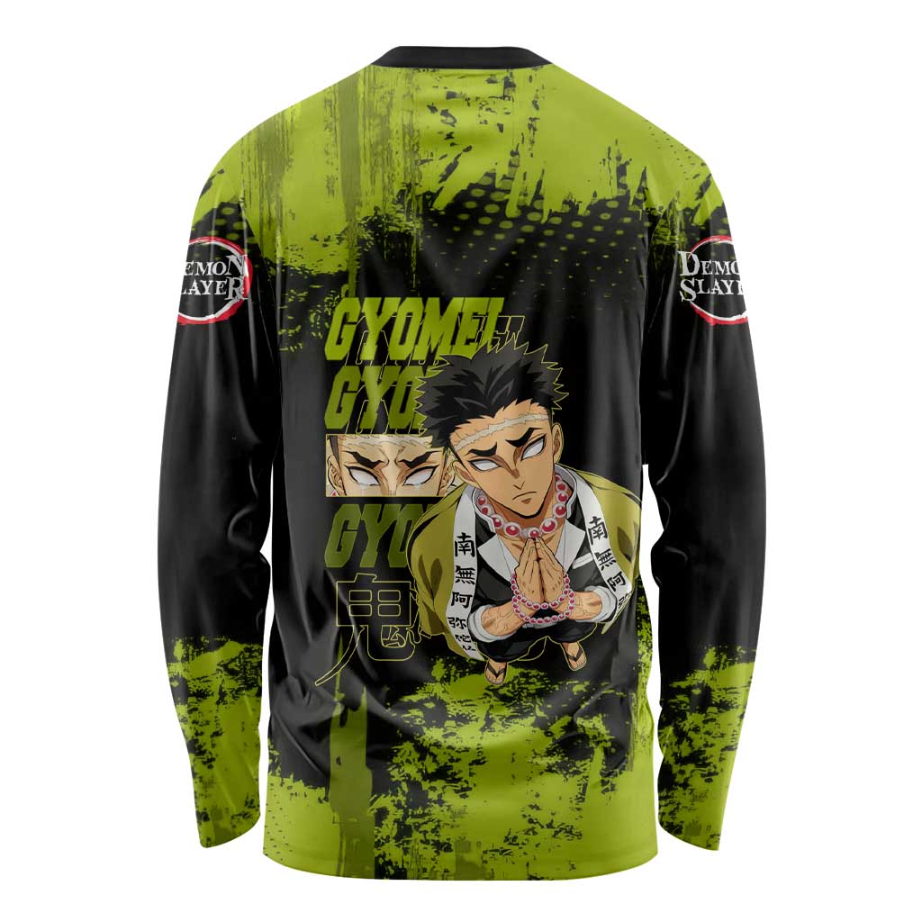 Gyomei Himejima Demon Slayer Bold Green Theme Long Sleeve Shirt with Prayer Pose and Intense Expression Design - The Mazicc