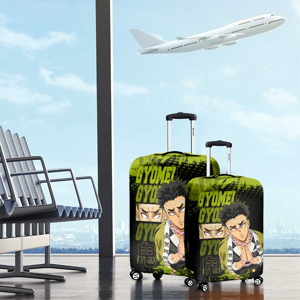Gyomei Himejima Demon Slayer Bold Green Theme Luggage Cover with Prayer Pose and Intense Expression Design - The Mazicc
