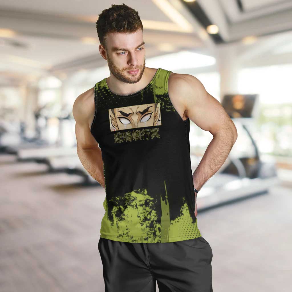 Gyomei Himejima Demon Slayer Bold Green Theme Men Tank Top with Prayer Pose and Intense Expression Design - The Mazicc