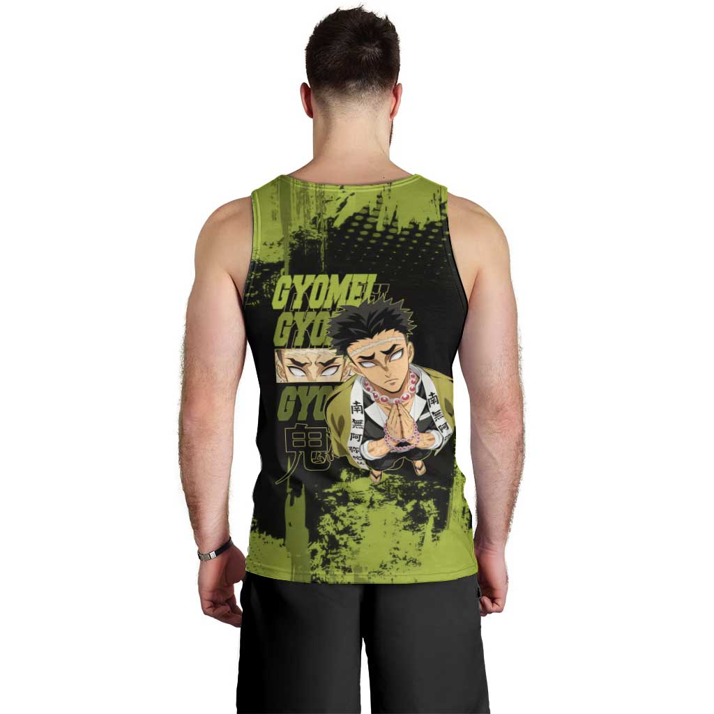 Gyomei Himejima Demon Slayer Bold Green Theme Men Tank Top with Prayer Pose and Intense Expression Design - The Mazicc