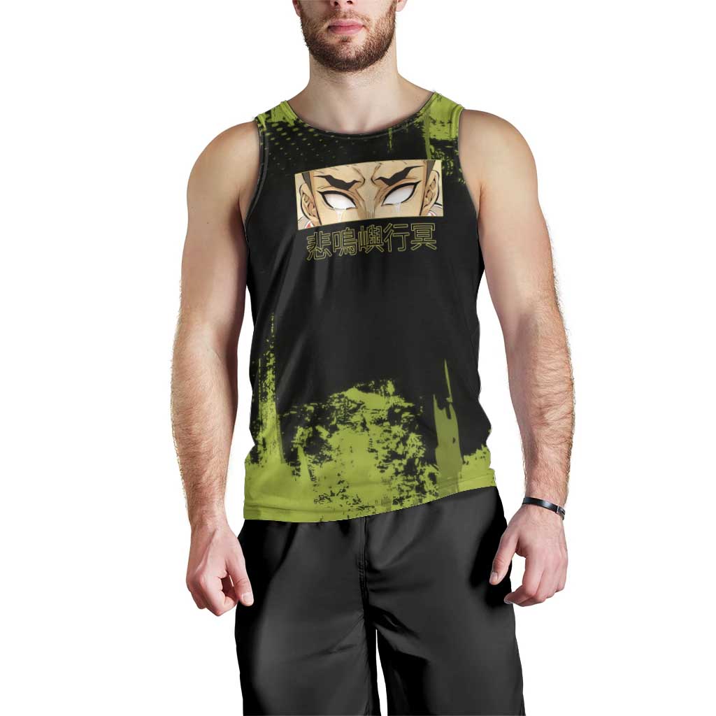 Gyomei Himejima Demon Slayer Bold Green Theme Men Tank Top with Prayer Pose and Intense Expression Design - The Mazicc