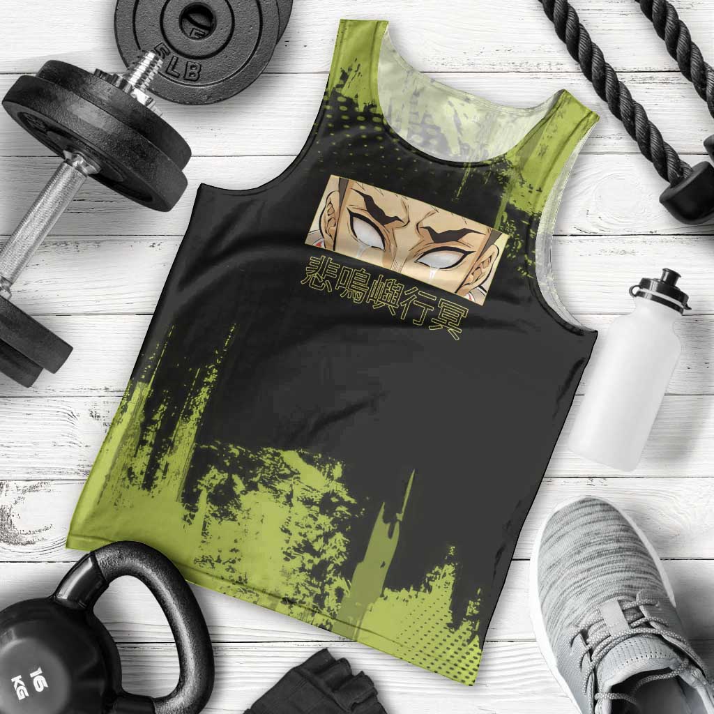 Gyomei Himejima Demon Slayer Bold Green Theme Men Tank Top with Prayer Pose and Intense Expression Design - The Mazicc