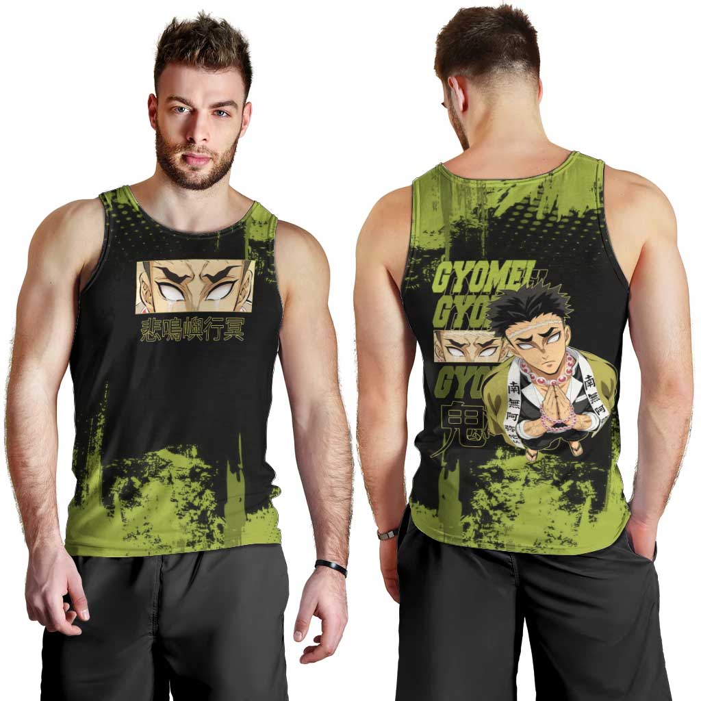 Gyomei Himejima Demon Slayer Bold Green Theme Men Tank Top with Prayer Pose and Intense Expression Design - The Mazicc