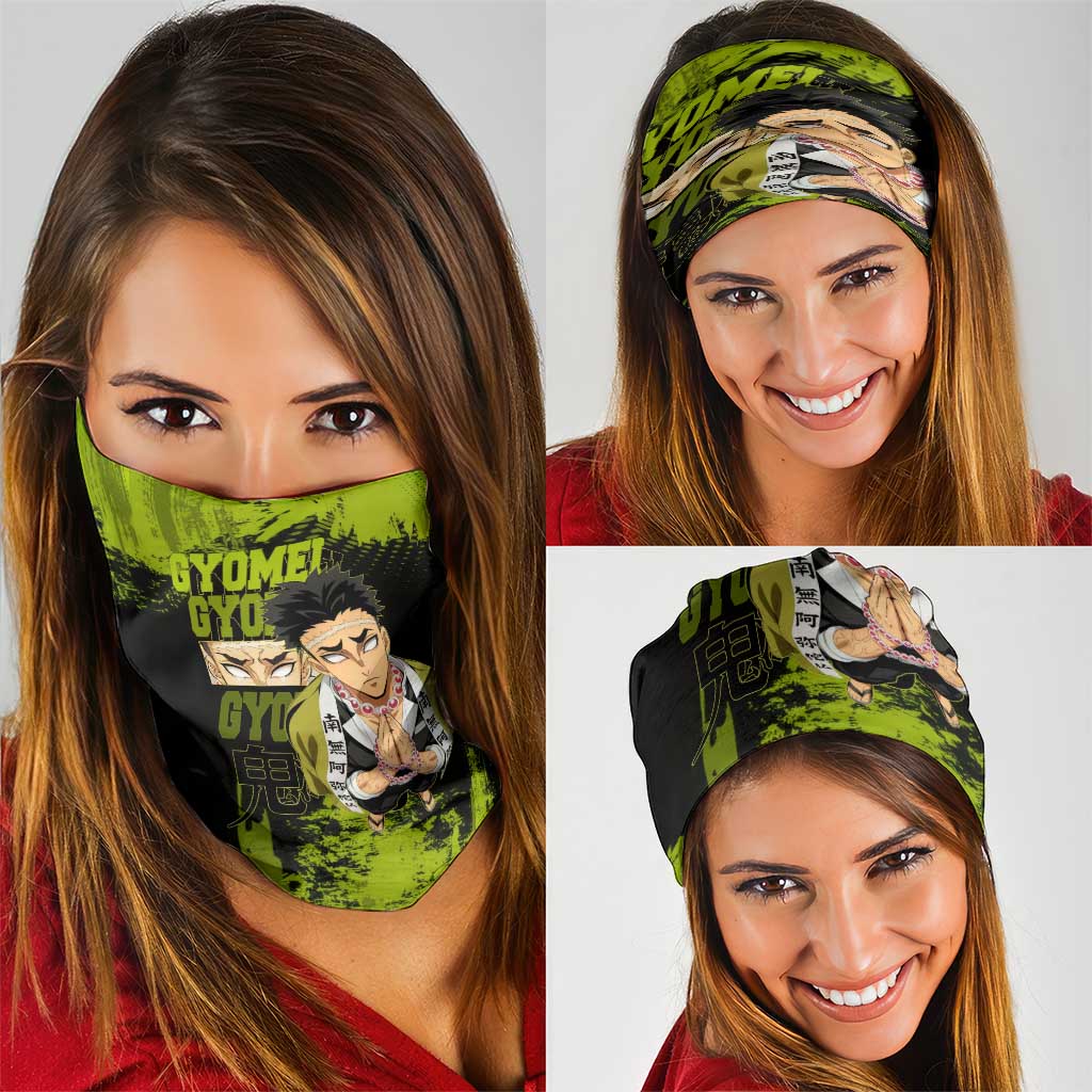 Gyomei Himejima Demon Slayer Bold Green Theme Neck Gaiter with Prayer Pose and Intense Expression Design - The Mazicc