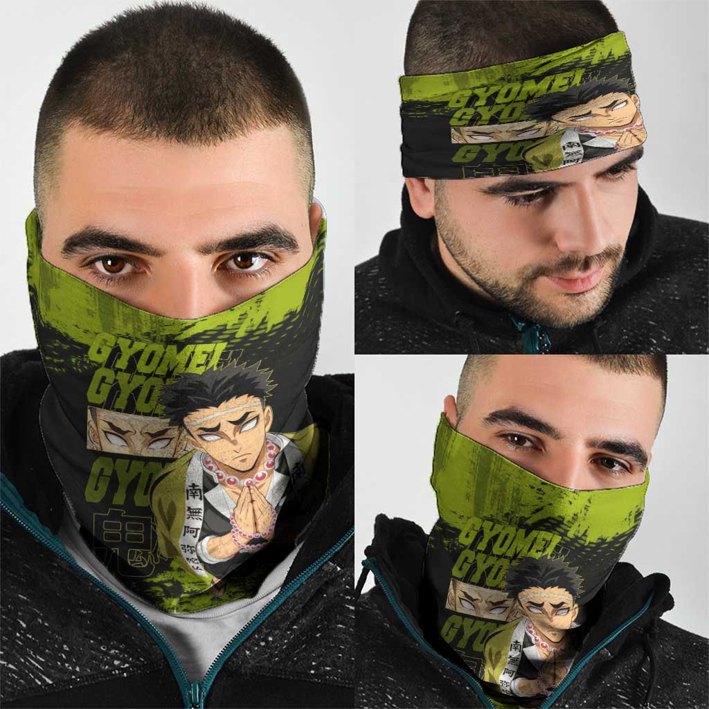 Gyomei Himejima Demon Slayer Bold Green Theme Neck Gaiter with Prayer Pose and Intense Expression Design - The Mazicc