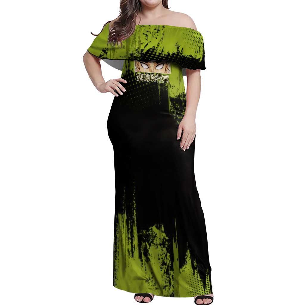 Gyomei Himejima Demon Slayer Bold Green Theme Off Shoulder Maxi Dress with Prayer Pose and Intense Expression Design - The Mazicc