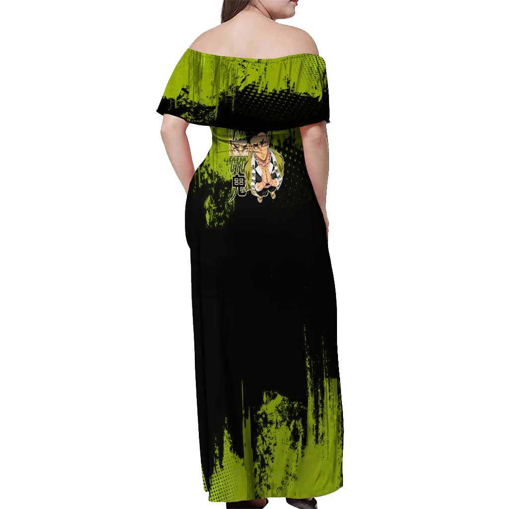 Gyomei Himejima Demon Slayer Bold Green Theme Off Shoulder Maxi Dress with Prayer Pose and Intense Expression Design - The Mazicc