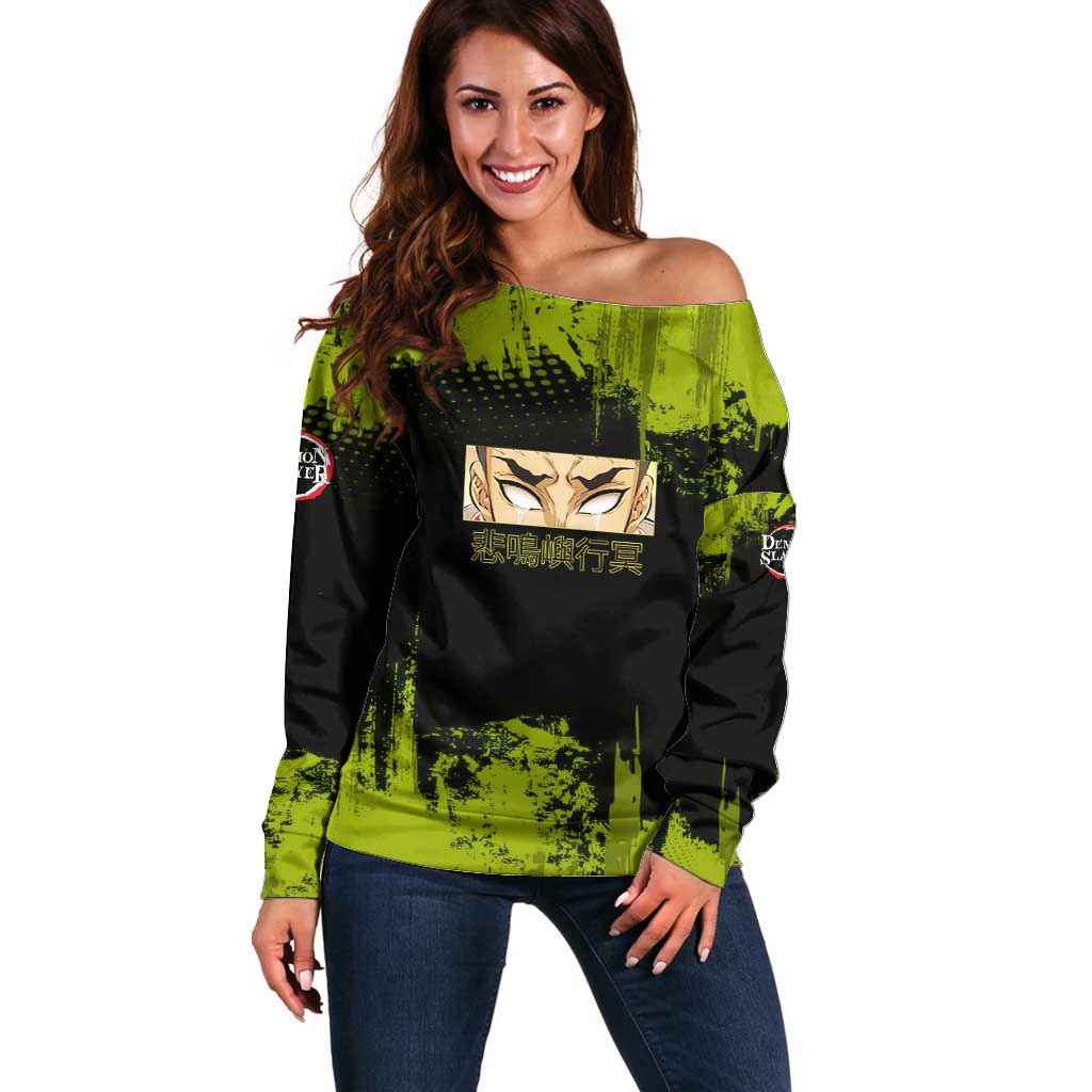 Gyomei Himejima Demon Slayer Bold Green Theme Off Shoulder Sweater with Prayer Pose and Intense Expression Design - The Mazicc
