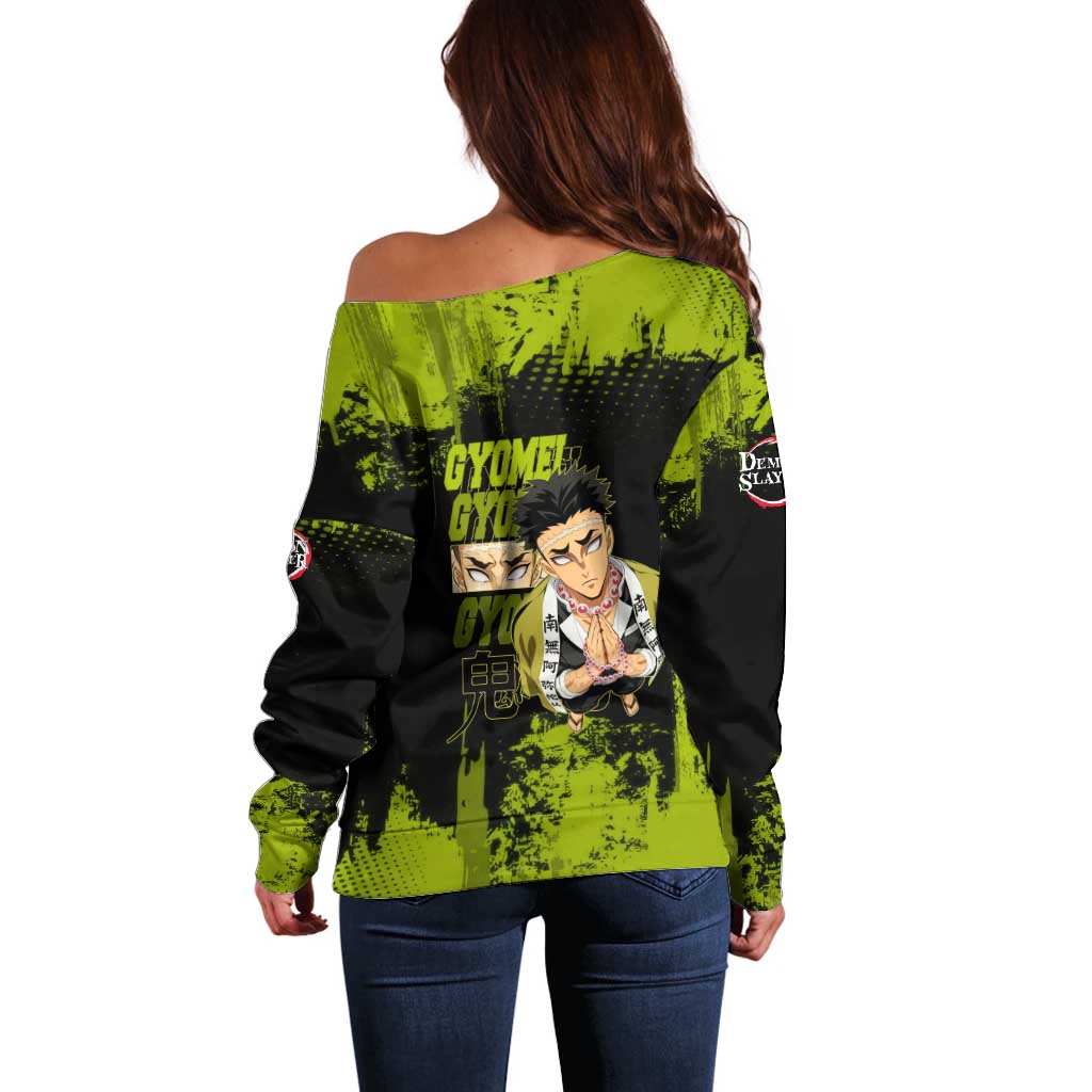 Gyomei Himejima Demon Slayer Bold Green Theme Off Shoulder Sweater with Prayer Pose and Intense Expression Design - The Mazicc