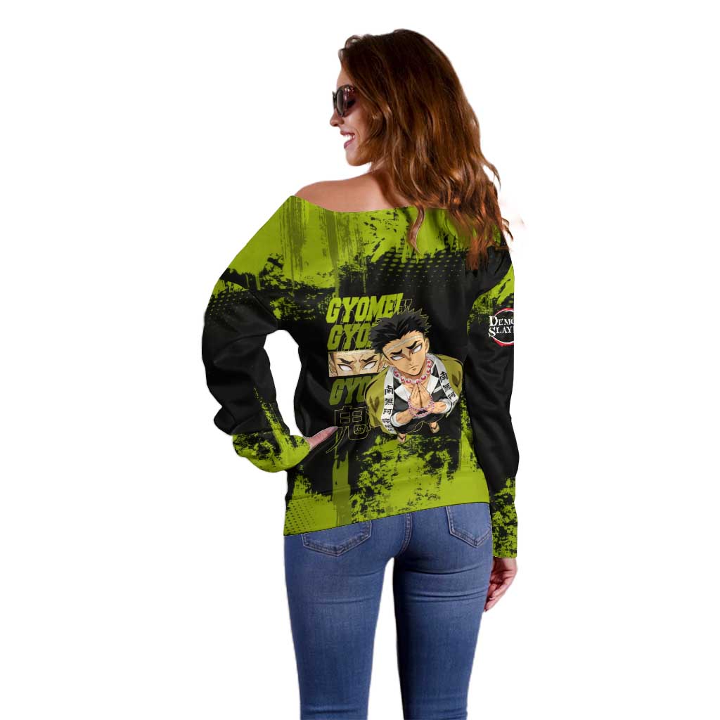Gyomei Himejima Demon Slayer Bold Green Theme Off Shoulder Sweater with Prayer Pose and Intense Expression Design - The Mazicc