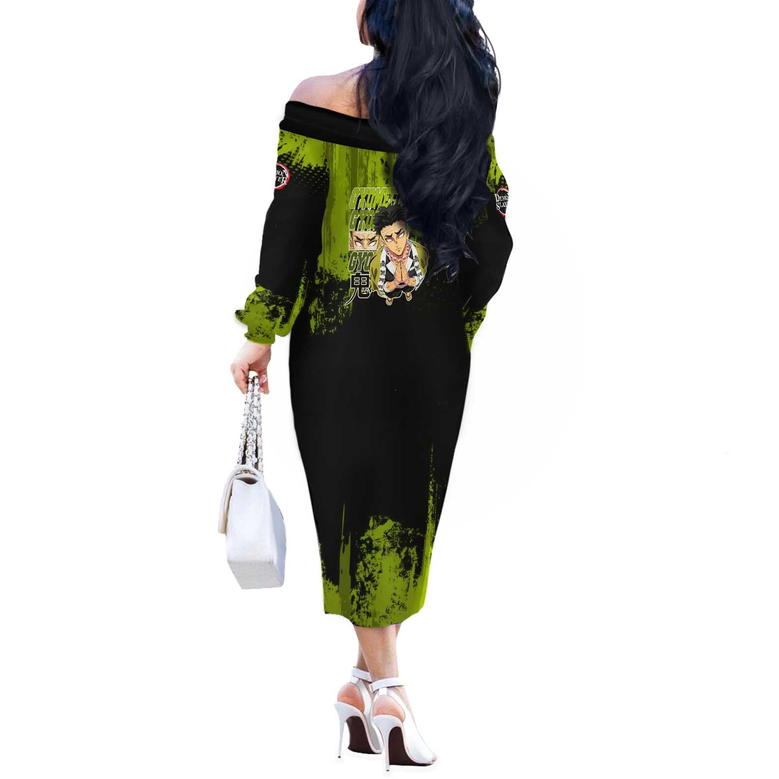 Gyomei Himejima Demon Slayer Bold Green Theme Off The Shoulder Long Sleeve Dress with Prayer Pose and Intense Expression Design - The Mazicc