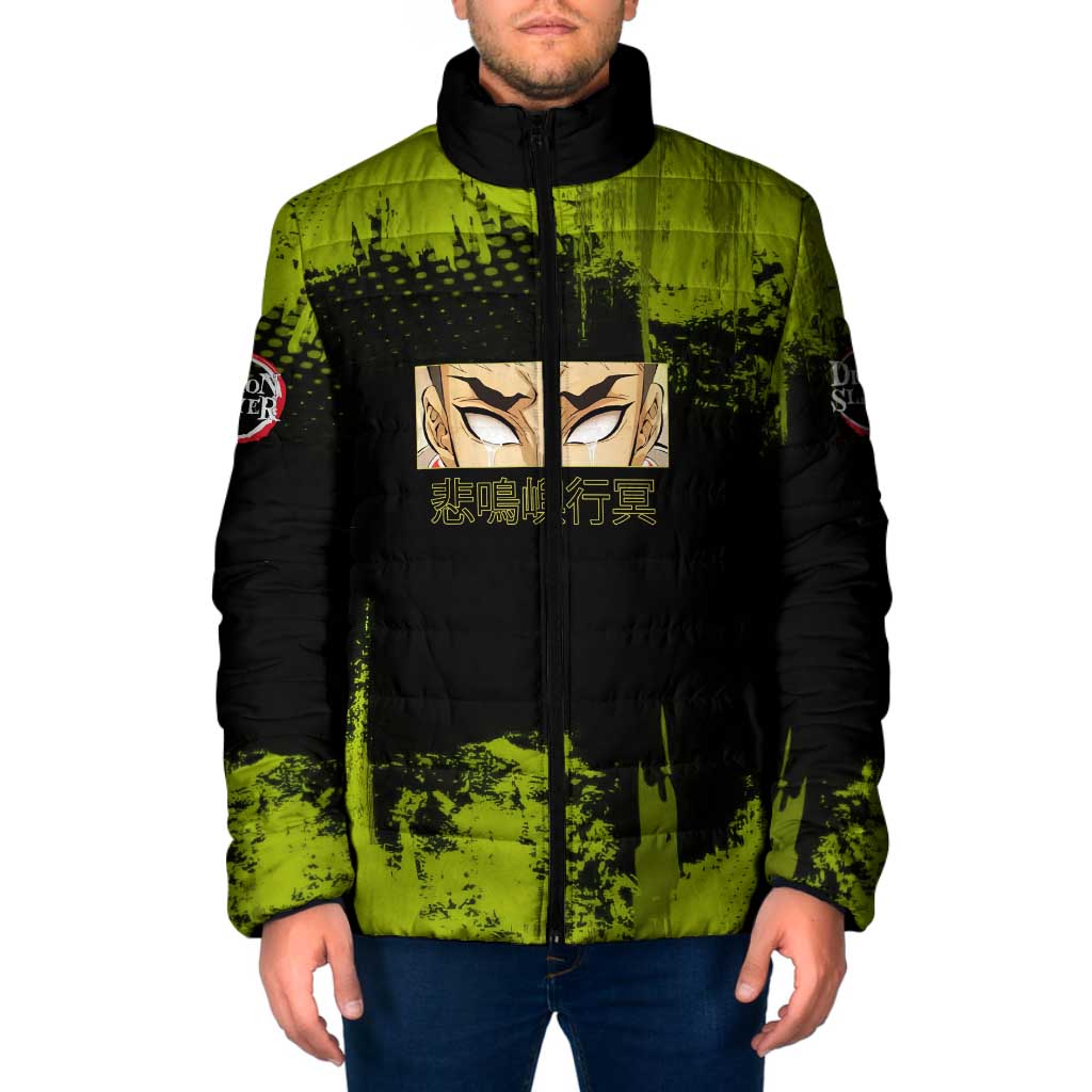 Gyomei Himejima Demon Slayer Bold Green Theme Padded Jacket with Prayer Pose and Intense Expression Design - The Mazicc