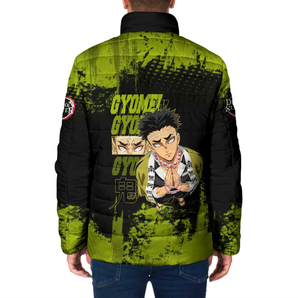 Gyomei Himejima Demon Slayer Bold Green Theme Padded Jacket with Prayer Pose and Intense Expression Design - The Mazicc