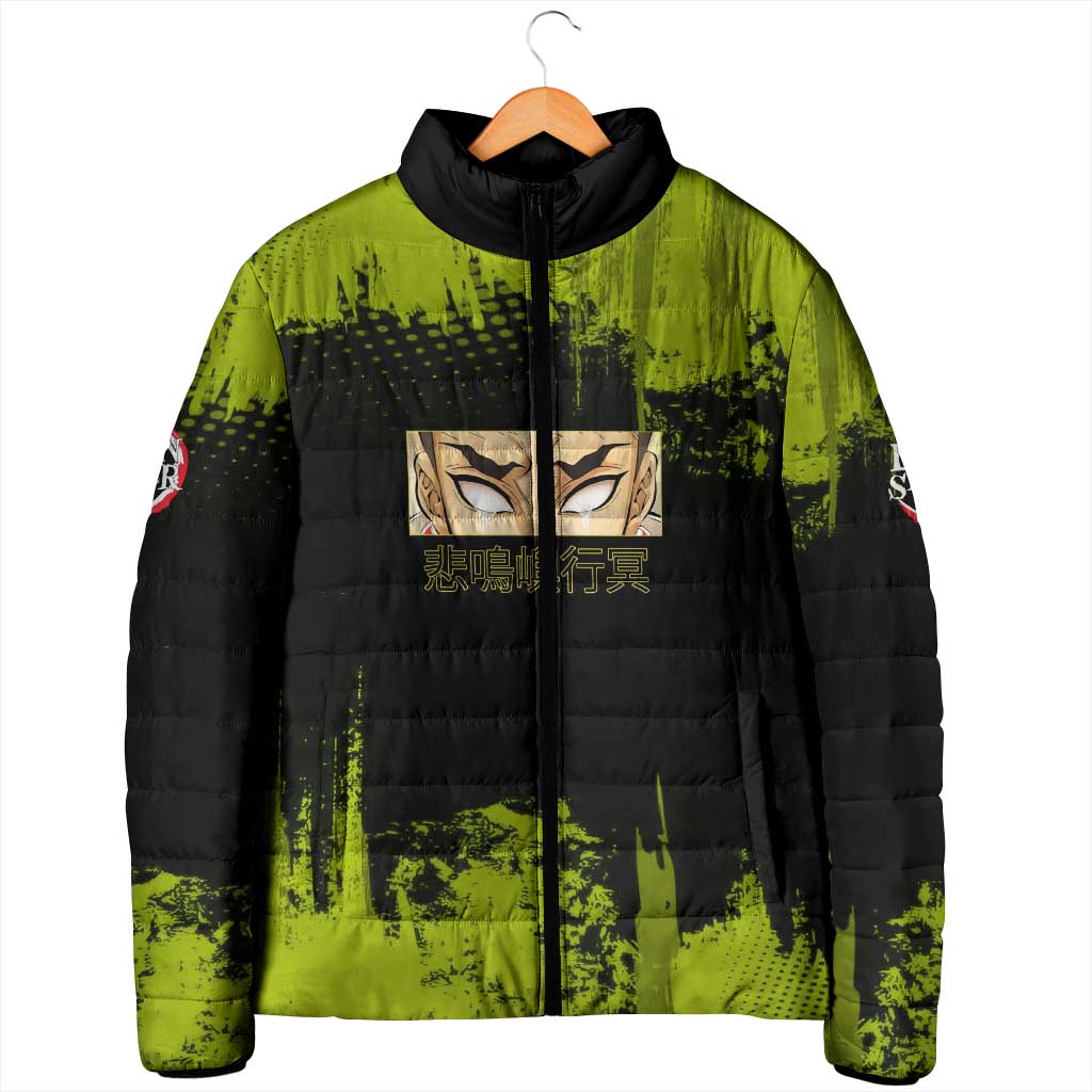 Gyomei Himejima Demon Slayer Bold Green Theme Padded Jacket with Prayer Pose and Intense Expression Design - The Mazicc