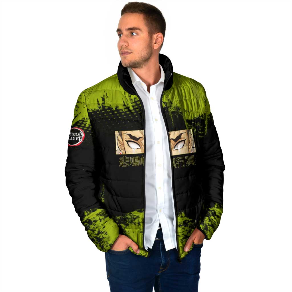 Gyomei Himejima Demon Slayer Bold Green Theme Padded Jacket with Prayer Pose and Intense Expression Design - The Mazicc