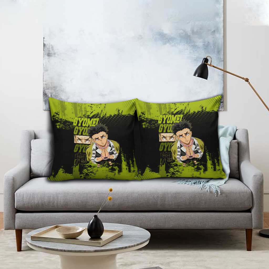 Gyomei Himejima Demon Slayer Bold Green Theme Pillow Cover with Prayer Pose and Intense Expression Design - The Mazicc