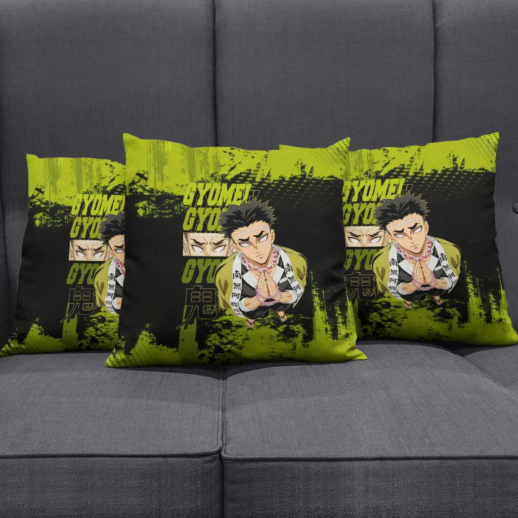 Gyomei Himejima Demon Slayer Bold Green Theme Pillow Cover with Prayer Pose and Intense Expression Design - The Mazicc
