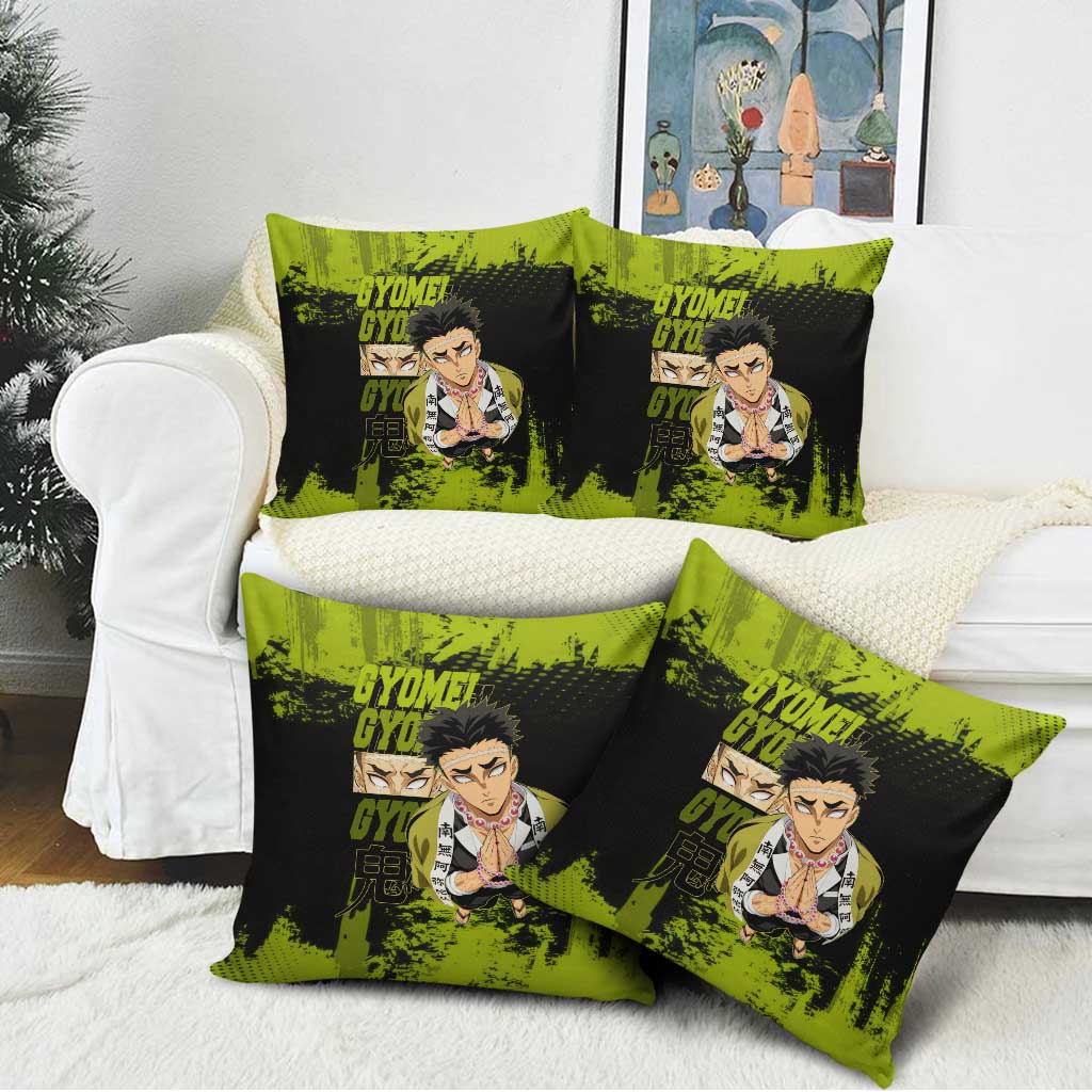 Gyomei Himejima Demon Slayer Bold Green Theme Pillow Cover with Prayer Pose and Intense Expression Design - The Mazicc